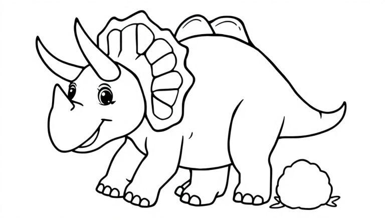 Farbtafel: Ein niedlicher Triceratops-Dinosaurier zum Ausmalen mit drei Hörnern, einem Nackenschild und einem kleinen Busch.