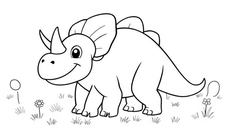 Farbtafel: Eine lustige Triceratops-Karikatur mit einem freundlichen Lächeln und großen Augen, die auf einer Blumenwiese steht.