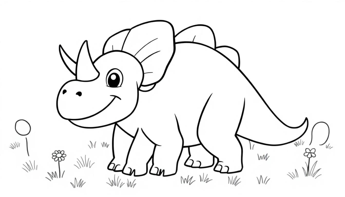 Farbtafel: Eine lustige Triceratops-Karikatur mit einem freundlichen Lächeln und großen Augen, die auf einer Blumenwiese steht.