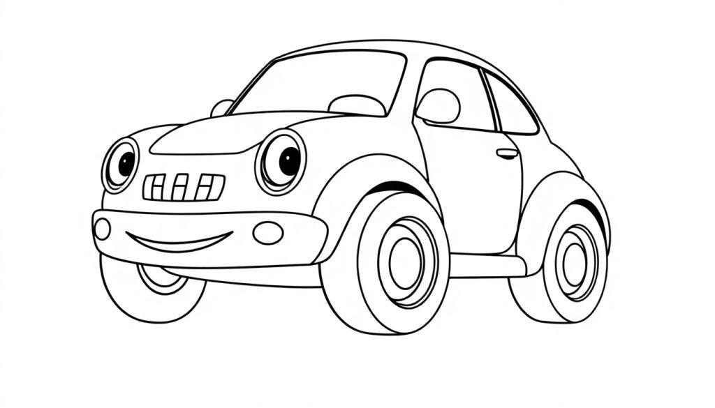 Eine niedliche Farbtafel eines Autos mit großen Rädern und einem freundlichen Gesicht.