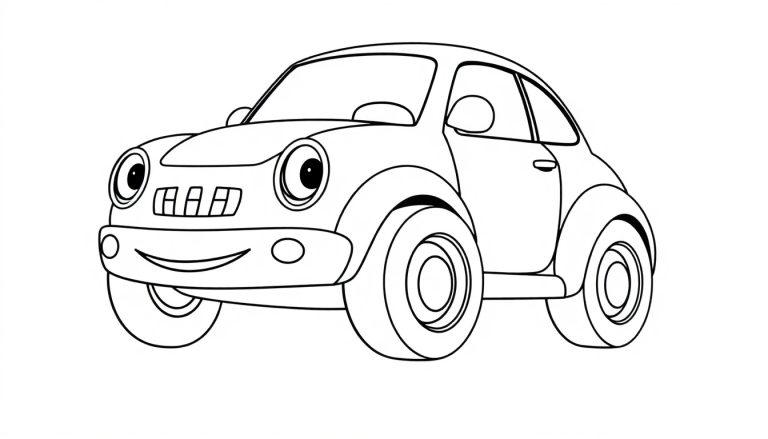 Eine niedliche Farbtafel eines Autos mit großen Rädern und einem freundlichen Gesicht.