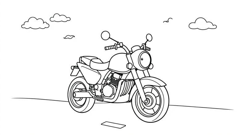 Schwarz-weiße Farbtafel eines Cartoon-Motorrads auf einer Straße mit stilisierten Wolken, bereit zum Ausmalen.