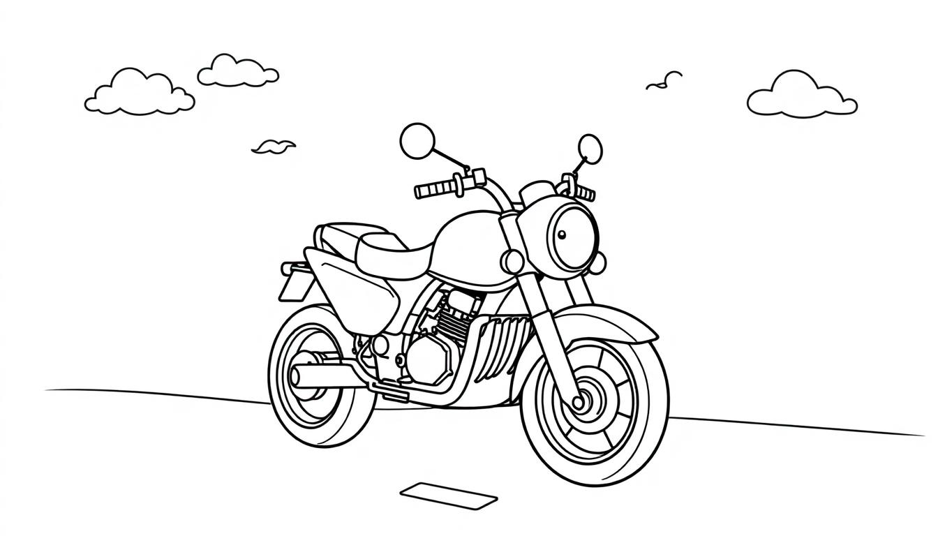 Schwarz-weiße Farbtafel eines Cartoon-Motorrads auf einer Straße mit stilisierten Wolken, bereit zum Ausmalen.