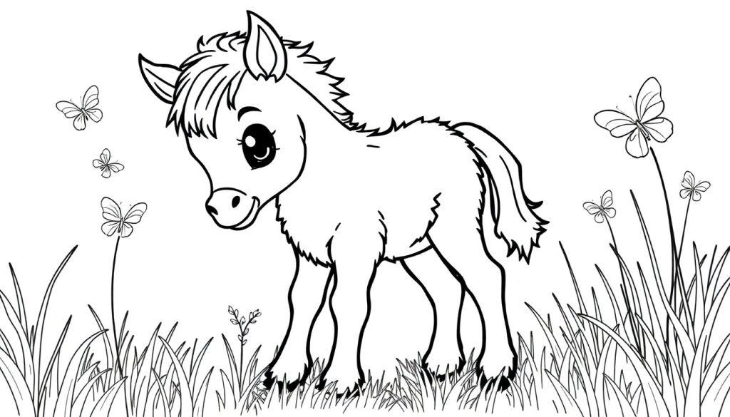 Eine süße Farbtafel eines Ponys in einer grünen Wiese mit Schmetterlingen.
