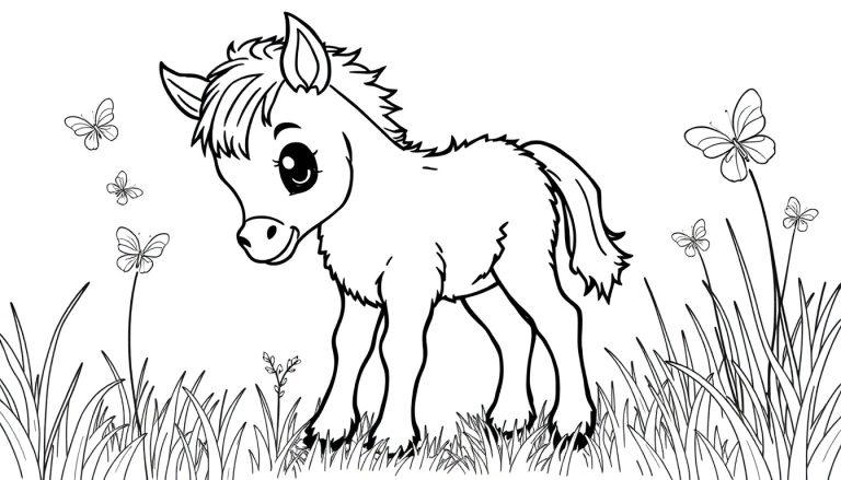 Eine süße Farbtafel eines Ponys in einer grünen Wiese mit Schmetterlingen.