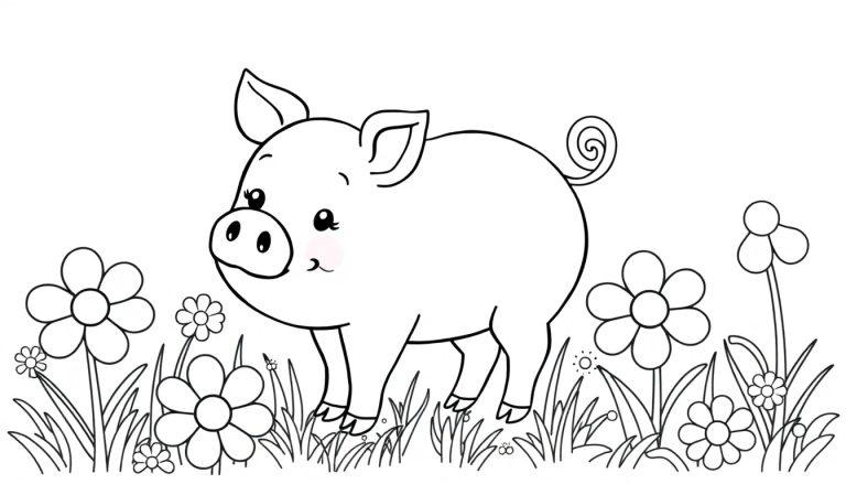 Eine niedliche Farbtafel eines Schweins in einer Blumenwiese.
