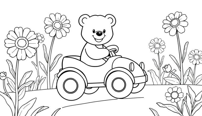 Farbtafel: Ein Teddybär in einem roten Auto fährt durch eine Blumenwiese.