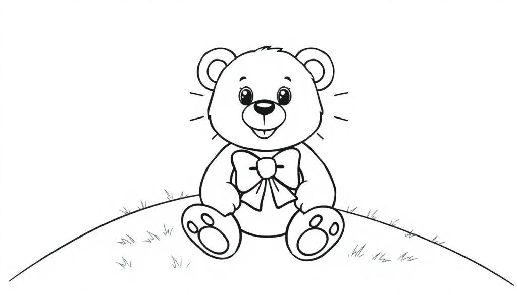 Schwarz-Weiß-Cartoon-Farbtafel eines Teddybären mit Fliege auf einem grasbewachsenen Hügel.