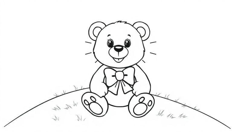 Schwarz-Weiß-Cartoon-Farbtafel eines Teddybären mit Fliege auf einem grasbewachsenen Hügel.