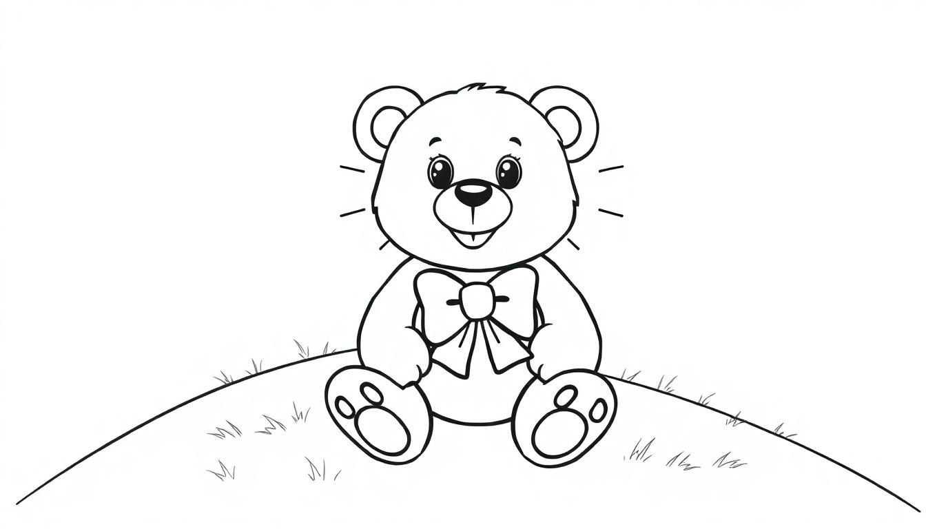 Schwarz-Weiß-Cartoon-Farbtafel eines Teddybären mit Fliege auf einem grasbewachsenen Hügel.