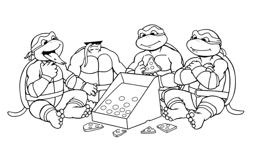 Farbtafel: Teenage Mutant Ninja Turtles essen Pizza und sind glücklich.