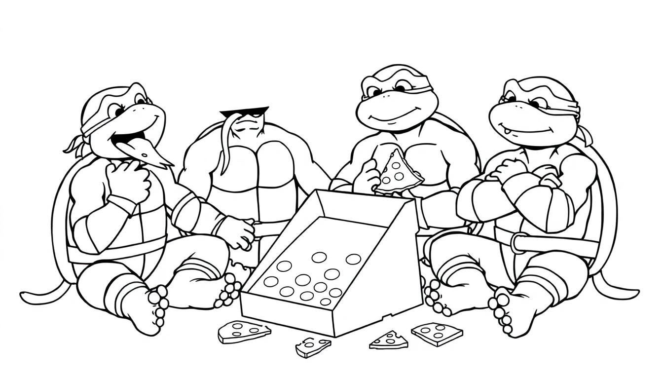 Farbtafel: Teenage Mutant Ninja Turtles essen Pizza und sind glücklich.