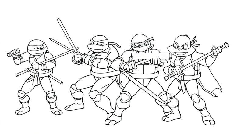 Teenage Mutant Ninja Turtles Malbuchseite mit Leonardo, Donatello, Michelangelo und Raphael in Kampfszenen, Farbtafel.