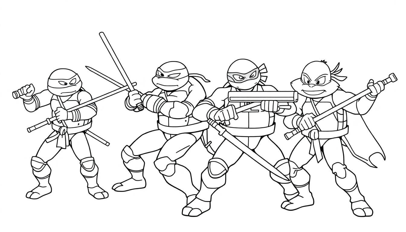 Teenage Mutant Ninja Turtles Malbuchseite mit Leonardo, Donatello, Michelangelo und Raphael in Kampfszenen, Farbtafel.