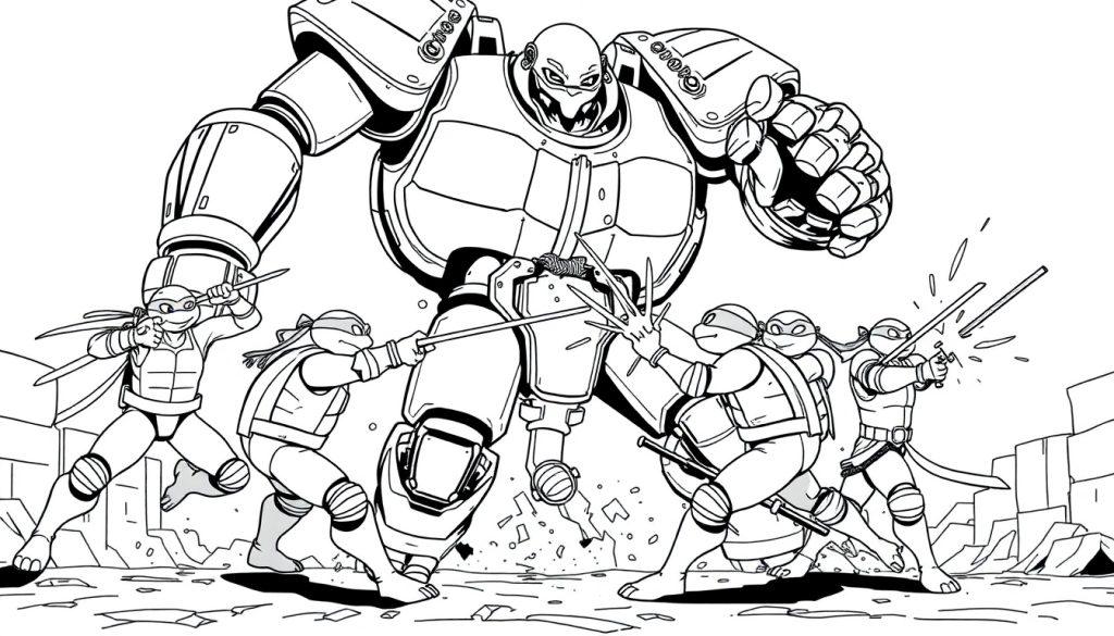 Eine Schwarz-Weiß-Farbtafel-Illustration der Teenage Mutant Ninja Turtles im Kampf gegen einen großen, gepanzerten Roboter.