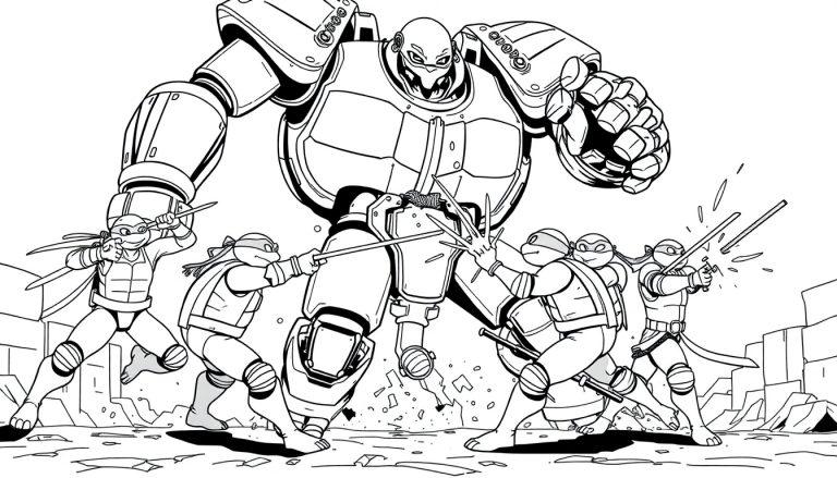 Eine Schwarz-Weiß-Farbtafel-Illustration der Teenage Mutant Ninja Turtles im Kampf gegen einen großen, gepanzerten Roboter.