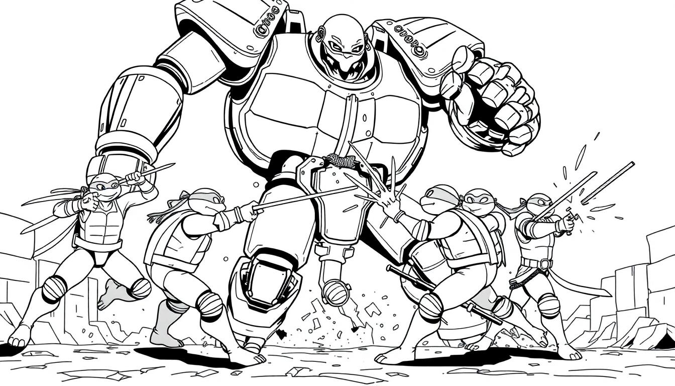 Eine Schwarz-Weiß-Farbtafel-Illustration der Teenage Mutant Ninja Turtles im Kampf gegen einen großen, gepanzerten Roboter.