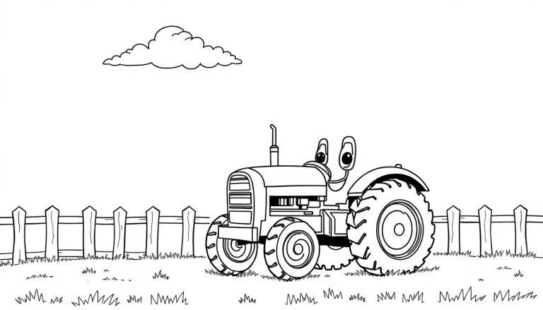 Farbtafel: Ein freundlicher Cartoon-Traktor auf einem Feld, bereit zum Ausmalen.