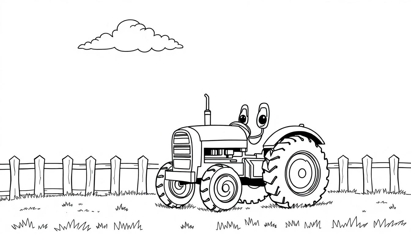 Farbtafel: Ein freundlicher Cartoon-Traktor auf einem Feld, bereit zum Ausmalen.