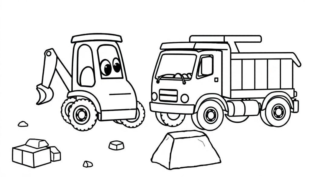Schwarz-weiße Farbtafel-Zeichnung eines niedlichen Traktors mit Baggerarm und eines Muldenkippers auf einer Baustelle.