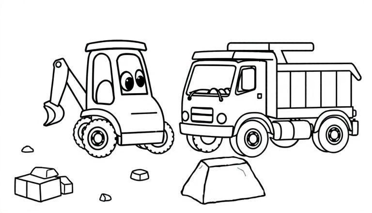 Schwarz-weiße Farbtafel-Zeichnung eines niedlichen Traktors mit Baggerarm und eines Muldenkippers auf einer Baustelle.