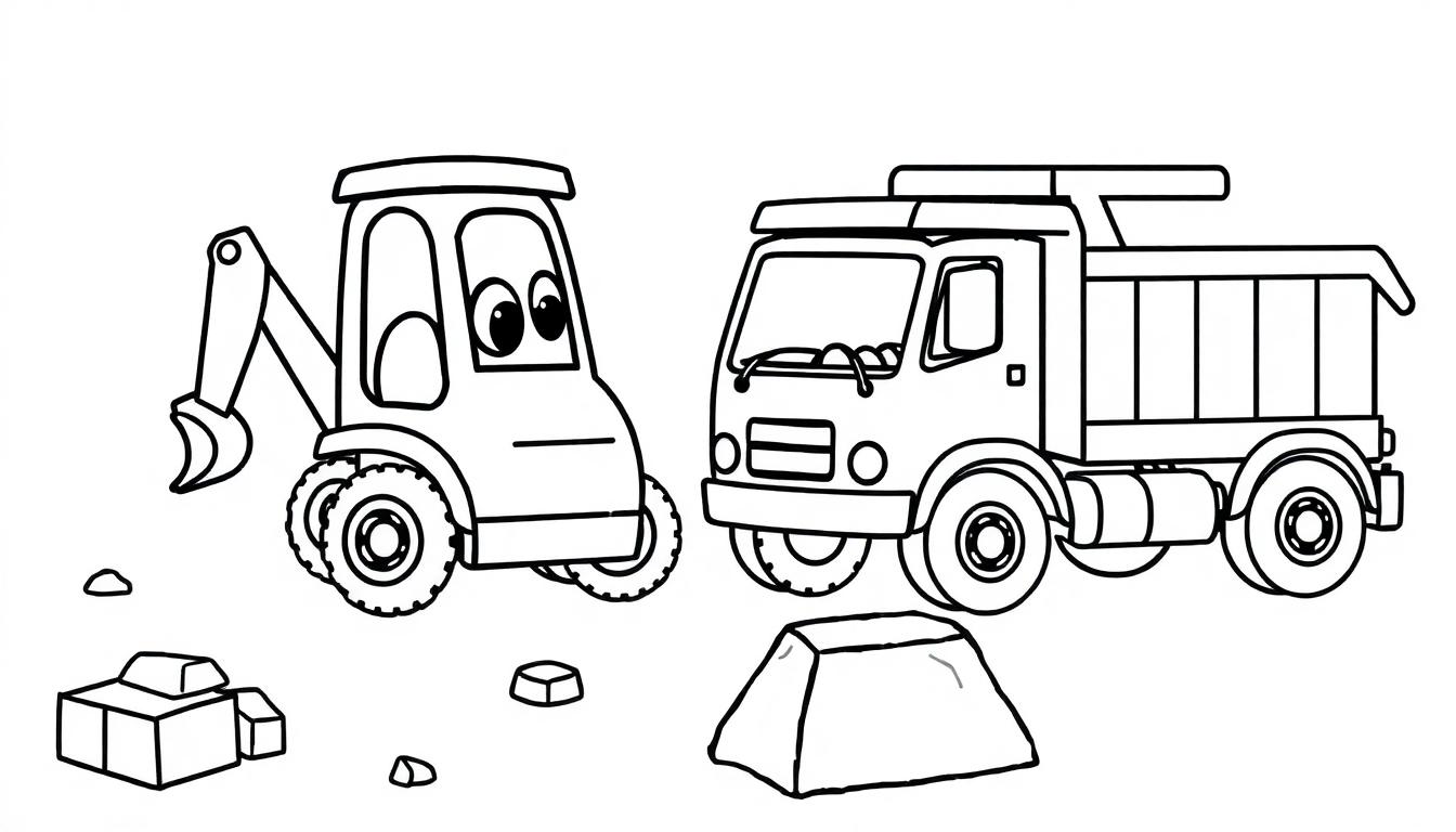 Schwarz-weiße Farbtafel-Zeichnung eines niedlichen Traktors mit Baggerarm und eines Muldenkippers auf einer Baustelle.