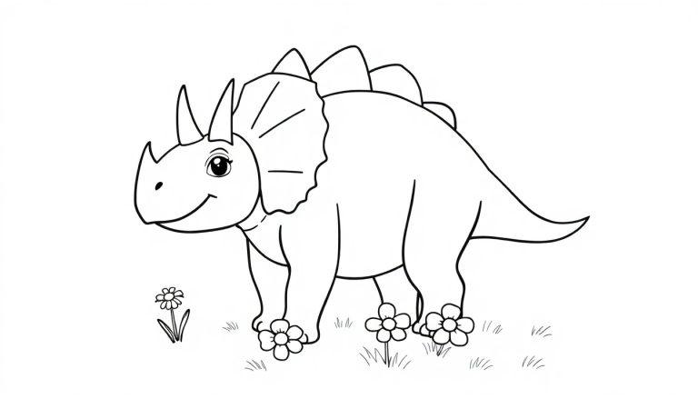 Eine Farbtafel eines Triceratops mit Blumen an seinen Füßen auf einer Wiese.