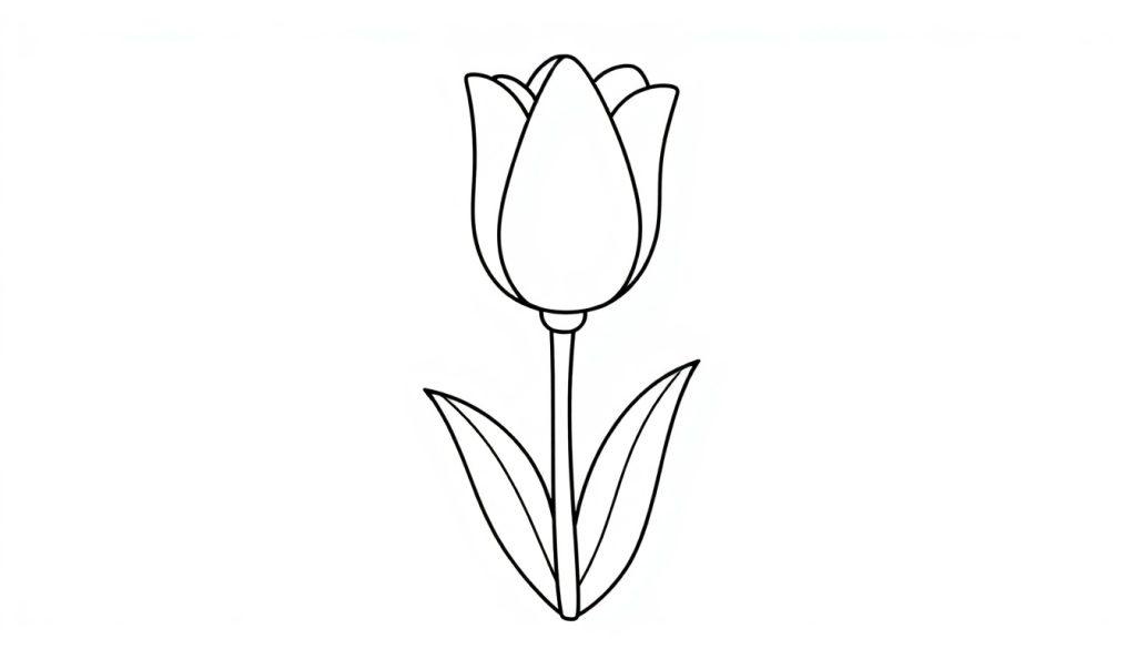 Eine Schwarz-Weiß-Farbtafel-Linienzeichnung einer einzelnen, aufrecht stehenden Tulpe mit schlankem Stiel und zwei Blättern.