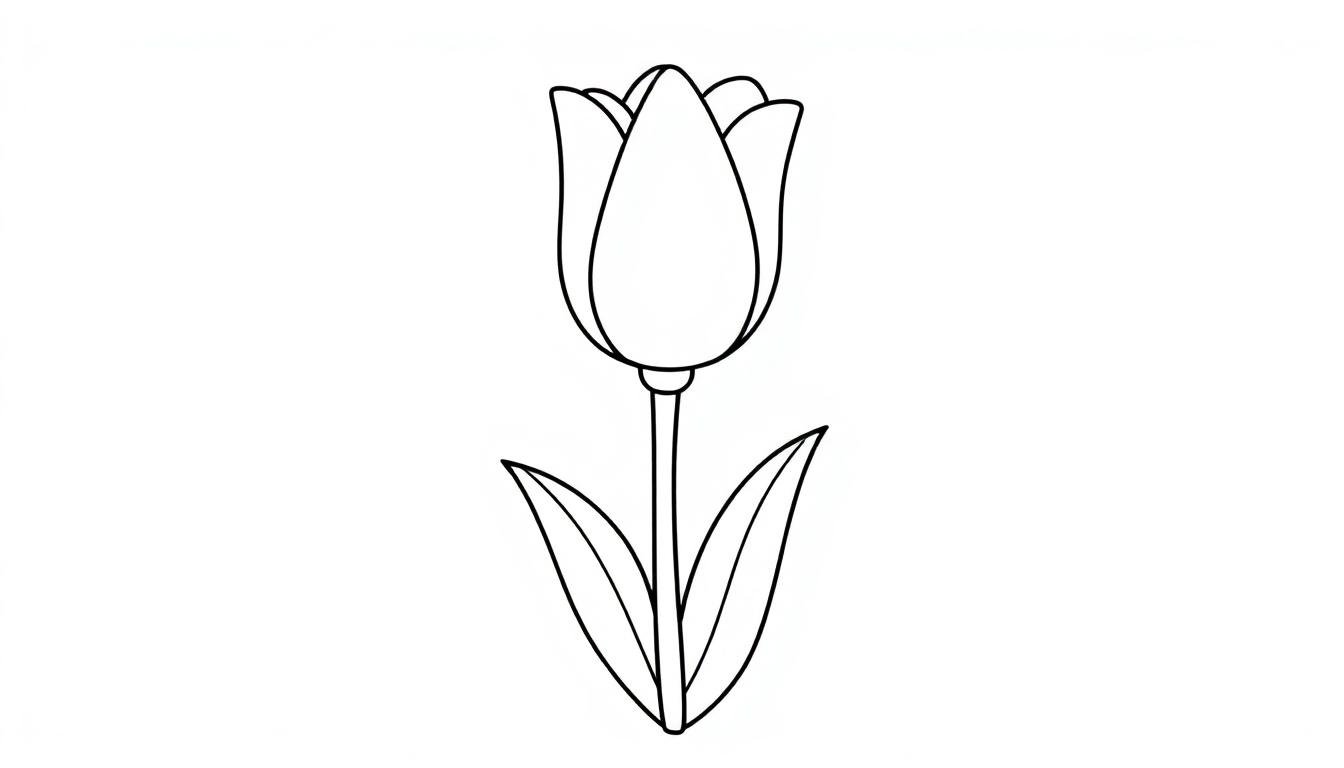 Eine Schwarz-Weiß-Farbtafel-Linienzeichnung einer einzelnen, aufrecht stehenden Tulpe mit schlankem Stiel und zwei Blättern.