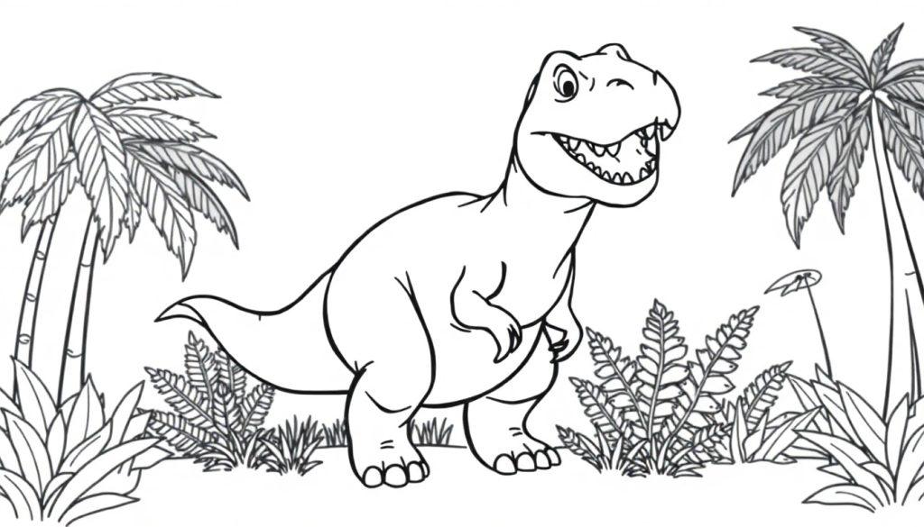 Farbtafel: Ein freundlicher Tyrannosaurus Rex mit einem breiten Grinsen, umgeben von Palmen und Farnen.