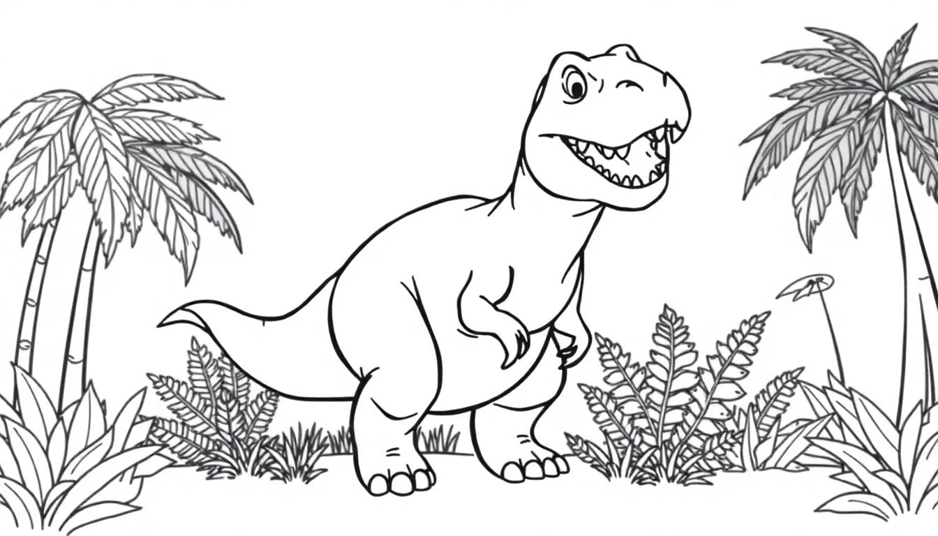 Farbtafel: Ein freundlicher Tyrannosaurus Rex mit einem breiten Grinsen, umgeben von Palmen und Farnen.
