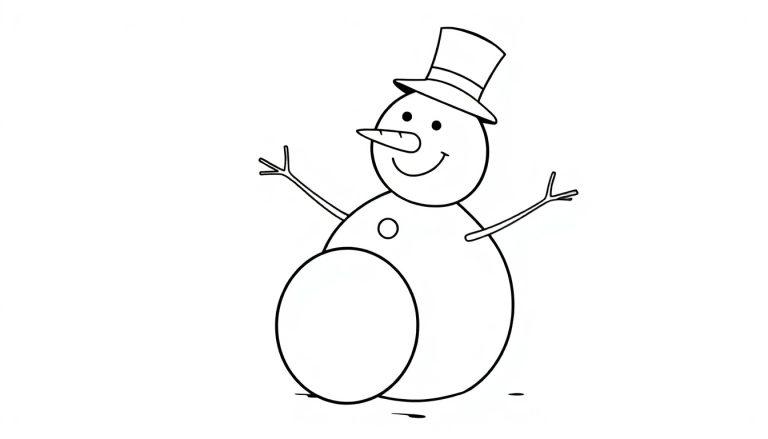 Schwarz-weiß Farbtafel eines freundlichen Schneemanns mit Karottennase und Hut, der bereit ist, ausgemalt zu werden.