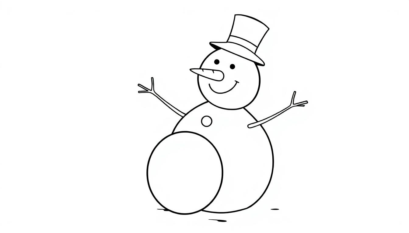 Schwarz-weiß Farbtafel eines freundlichen Schneemanns mit Karottennase und Hut, der bereit ist, ausgemalt zu werden.