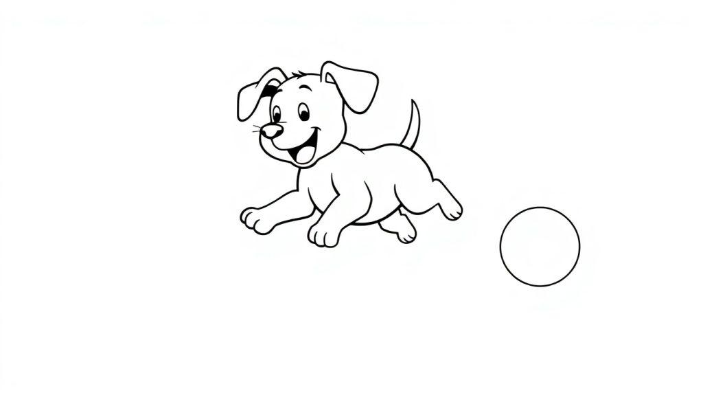 Ein fröhlicher Hund jagt einen Ball, eine Schwarz-Weiß-Farbtafel-Zeichnung.