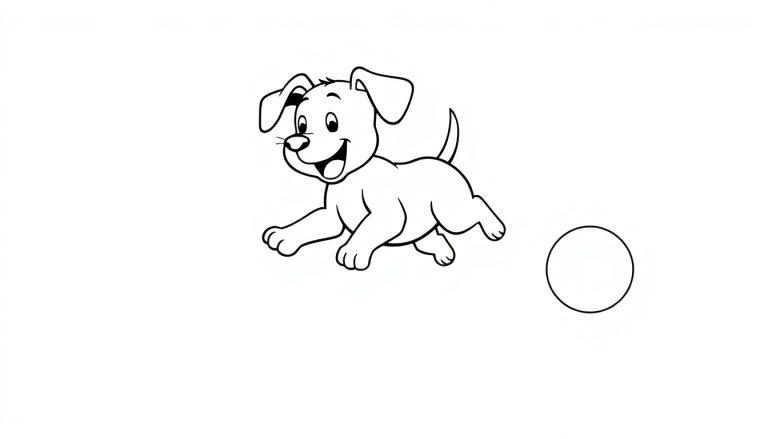 Ein fröhlicher Hund jagt einen Ball, eine Schwarz-Weiß-Farbtafel-Zeichnung.