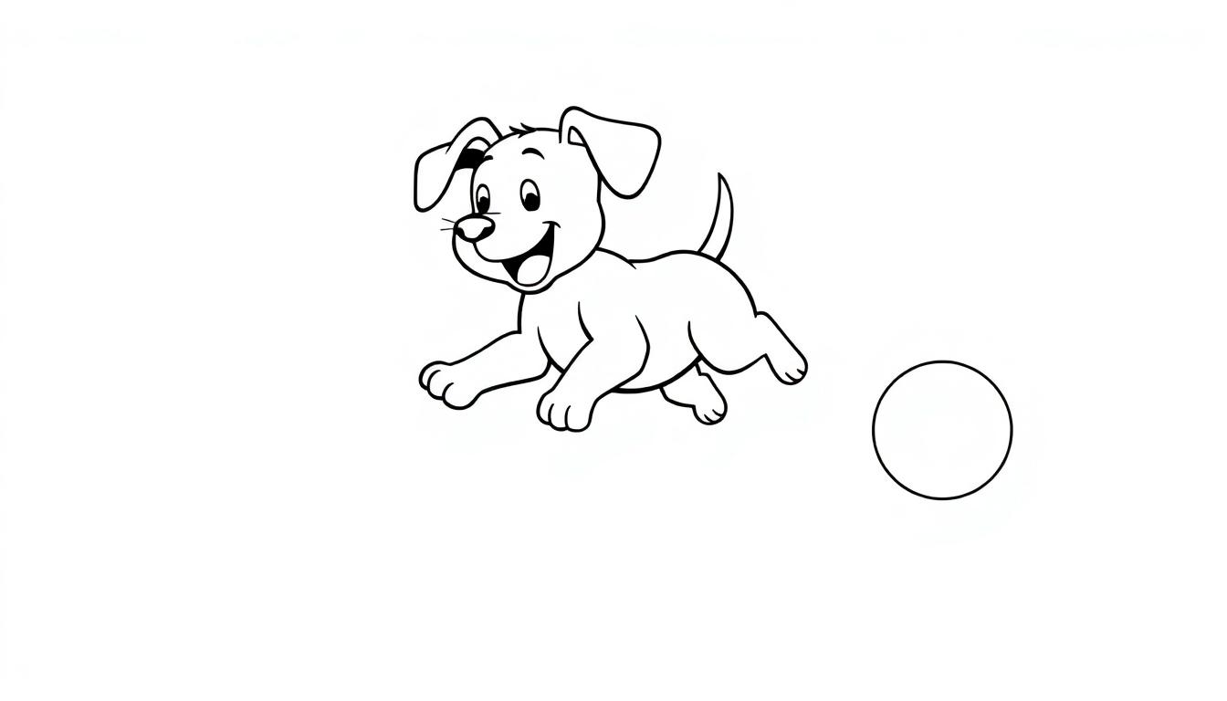 Ein fröhlicher Hund jagt einen Ball, eine Schwarz-Weiß-Farbtafel-Zeichnung.