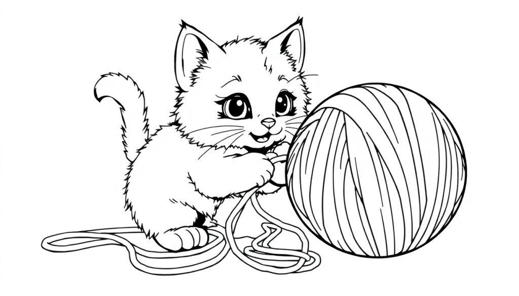 Schwarz-weiß Farbtafel einer niedlichen Katze, die mit einem Wollknäuel spielt.