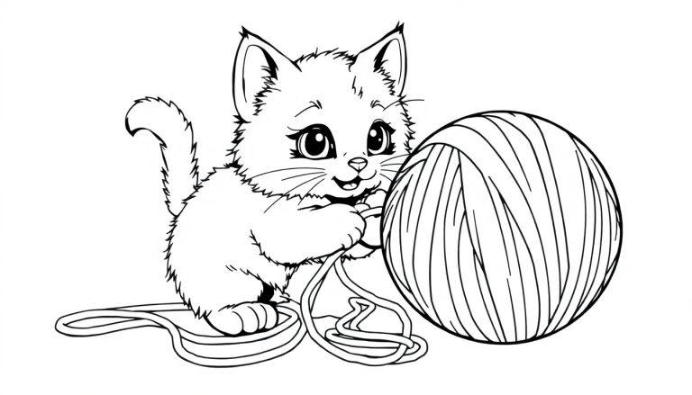 Schwarz-weiß Farbtafel einer niedlichen Katze, die mit einem Wollknäuel spielt.