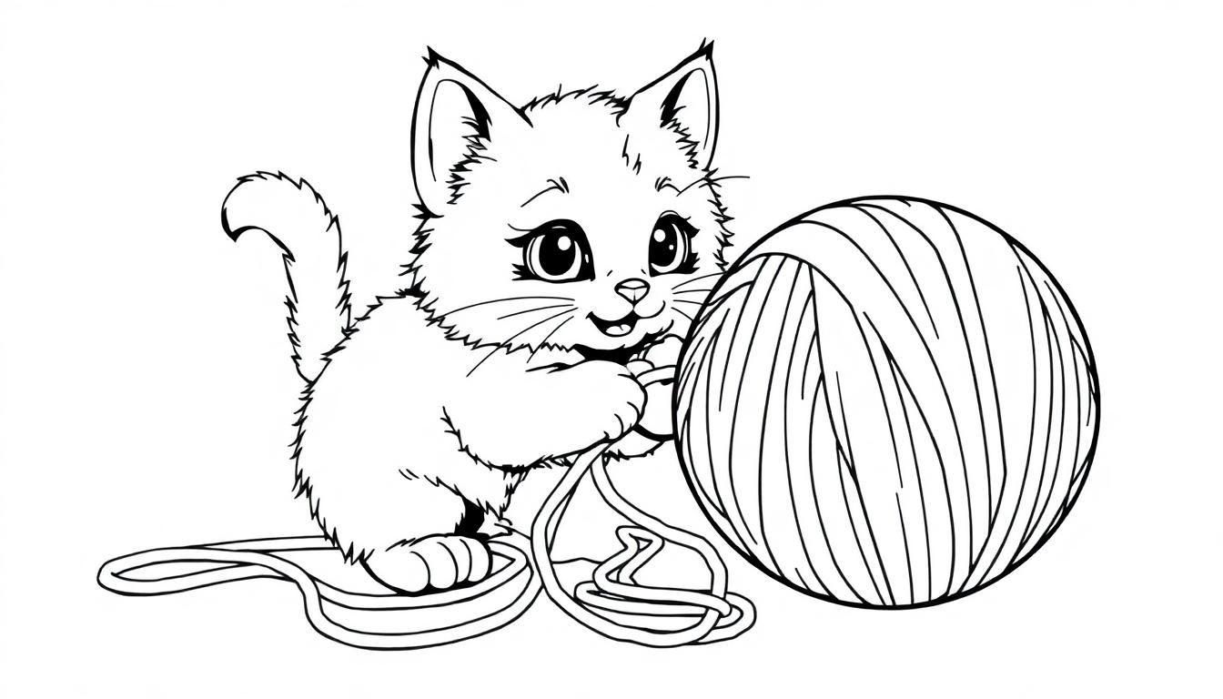 Schwarz-weiß Farbtafel einer niedlichen Katze, die mit einem Wollknäuel spielt.