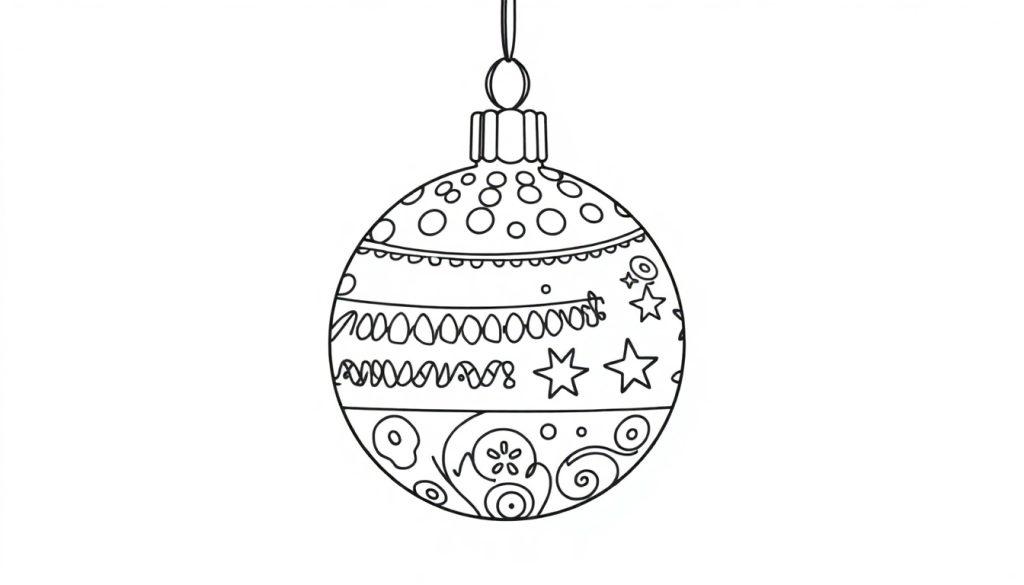 Eine Schwarz-Weiß-Farbtafel-Zeichnung einer Weihnachtskugel mit schönen Mustern zum Ausmalen.