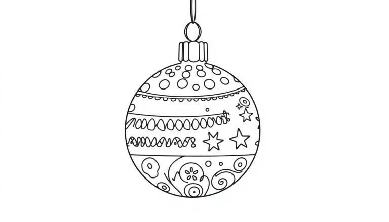 Eine Schwarz-Weiß-Farbtafel-Zeichnung einer Weihnachtskugel mit schönen Mustern zum Ausmalen.