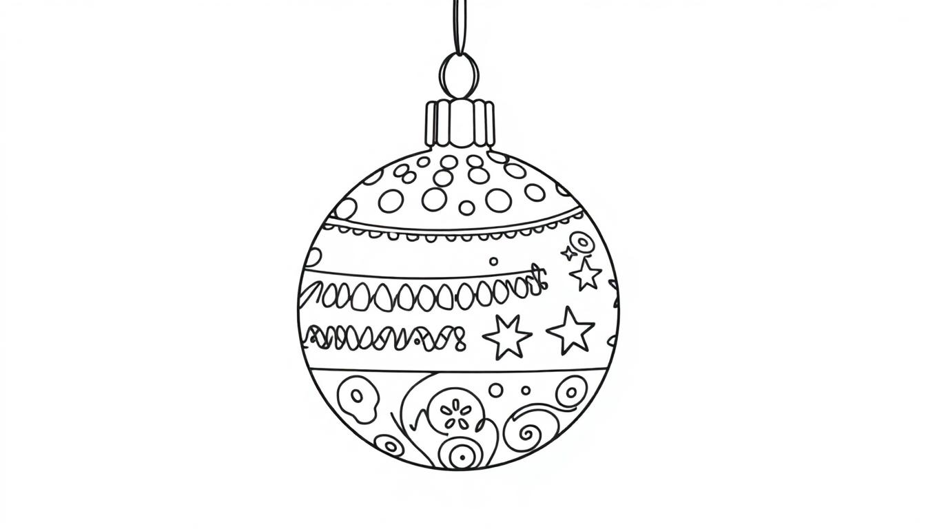 Eine Schwarz-Weiß-Farbtafel-Zeichnung einer Weihnachtskugel mit schönen Mustern zum Ausmalen.