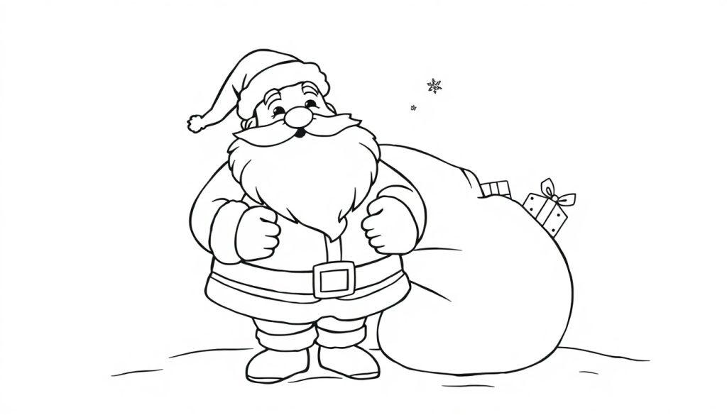 Eine Schwarz-Weiß-Farbtafel von Santa Claus mit einem Sack voller Geschenke.
