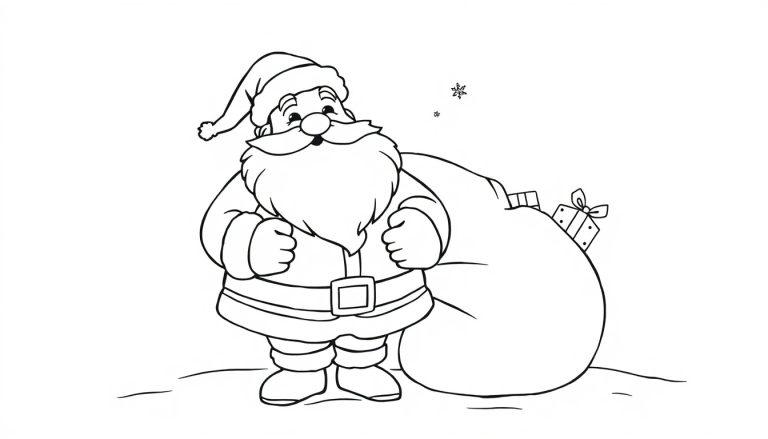 Eine Schwarz-Weiß-Farbtafel von Santa Claus mit einem Sack voller Geschenke.