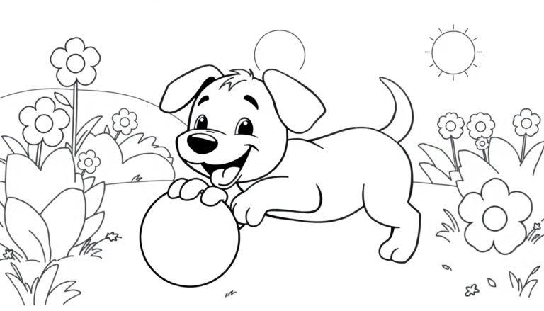 Schwarz-weiße Farbtafel-Illustration eines fröhlichen Welpen, der im Garten mit einem Ball spielt, umgeben von Blumen.