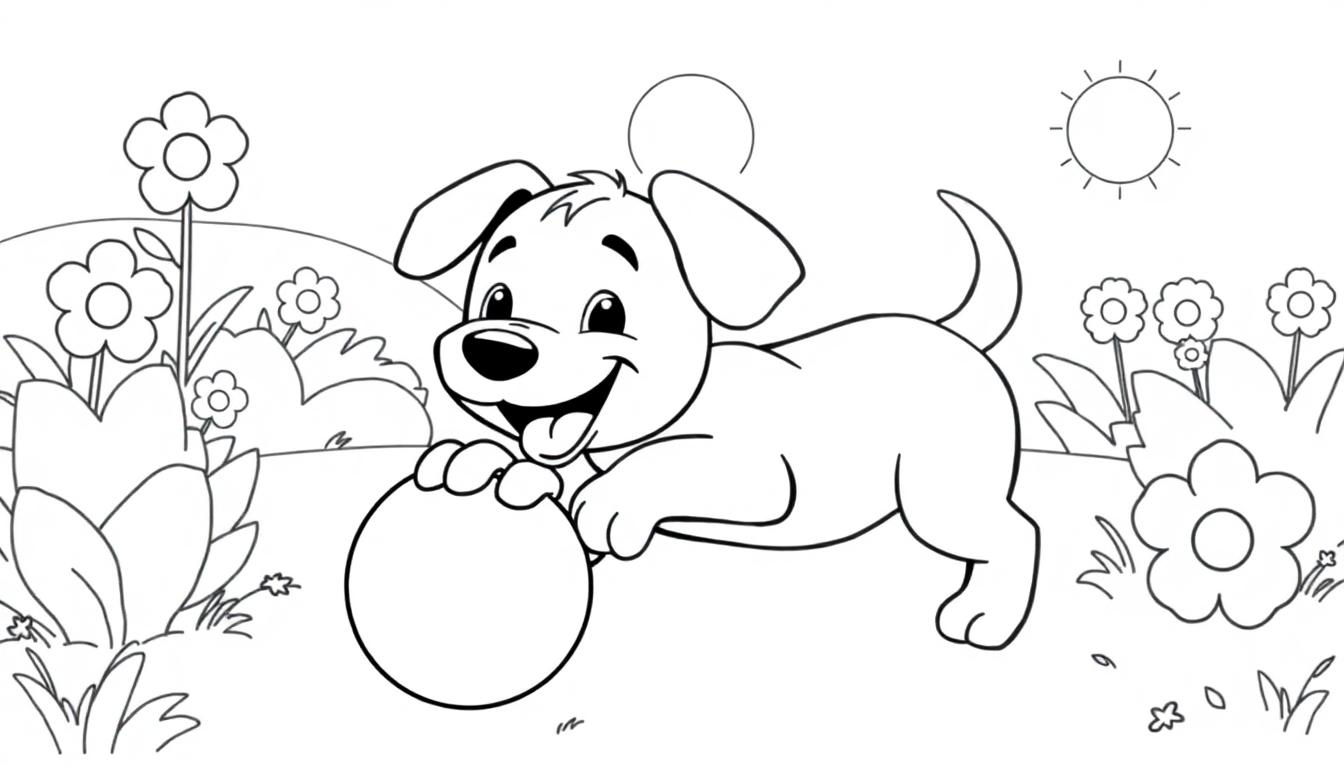 Schwarz-weiße Farbtafel-Illustration eines fröhlichen Welpen, der im Garten mit einem Ball spielt, umgeben von Blumen.