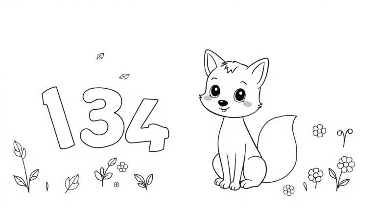 Farbtafel einer süßen Zeichentrickkatze, die neben der Zahl 134 sitzt und von Blumen umgeben ist.