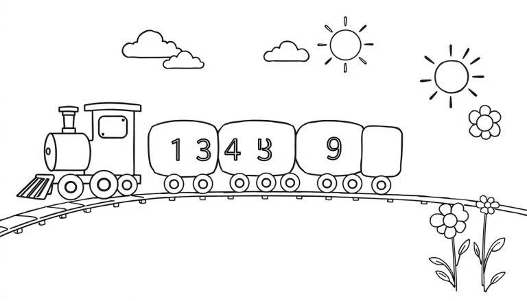 Schwarz-Weiß-Farbtafel eines Zeichentrickzugs mit Zahlen auf den Waggons, der durch eine Landschaft mit zwei Sonnen und Blumen fährt.