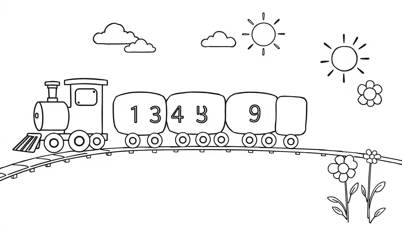Schwarz-Weiß-Farbtafel eines Zeichentrickzugs mit Zahlen auf den Waggons, der durch eine Landschaft mit zwei Sonnen und Blumen fährt.