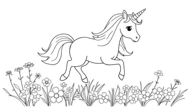 Eine Farbtafel-Zeichnung eines niedlichen Einhorns mit einem Regenbogen im Haar, das durch Blumen rennt.